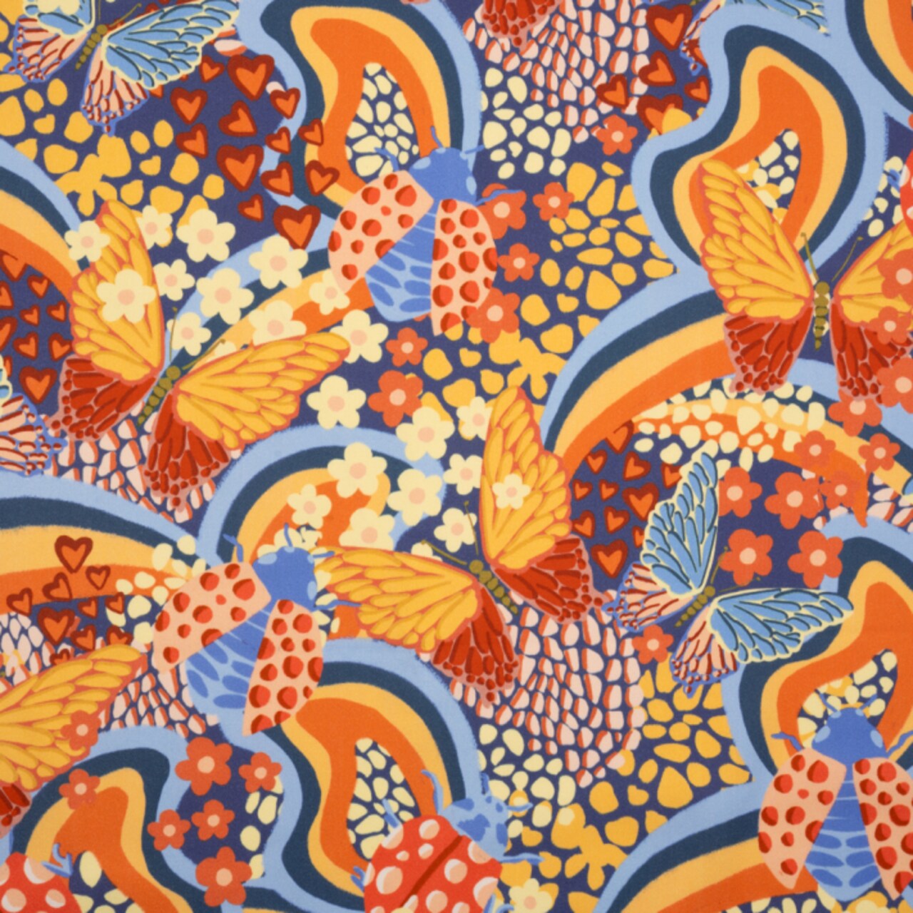 1 Yard Sunbeam Garden Stretch Cotton Sateen Orange Blue Butterflies Fabric